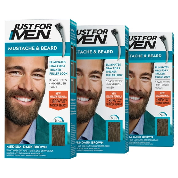 Just For Men Mustache & Beard, Beard Coloring for Gray Hair with Brush, With Keratin Biotin Aloe and Coconut Oil for Healthy Facial Hair - Medium-Dark Brown, M-40, Pack
