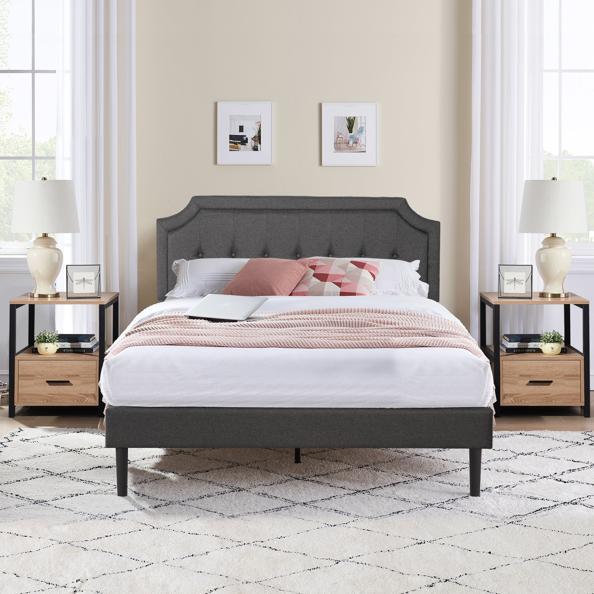VECELO 3Piece Bedroom Sets Upholstered Platform Bed Frame and 2