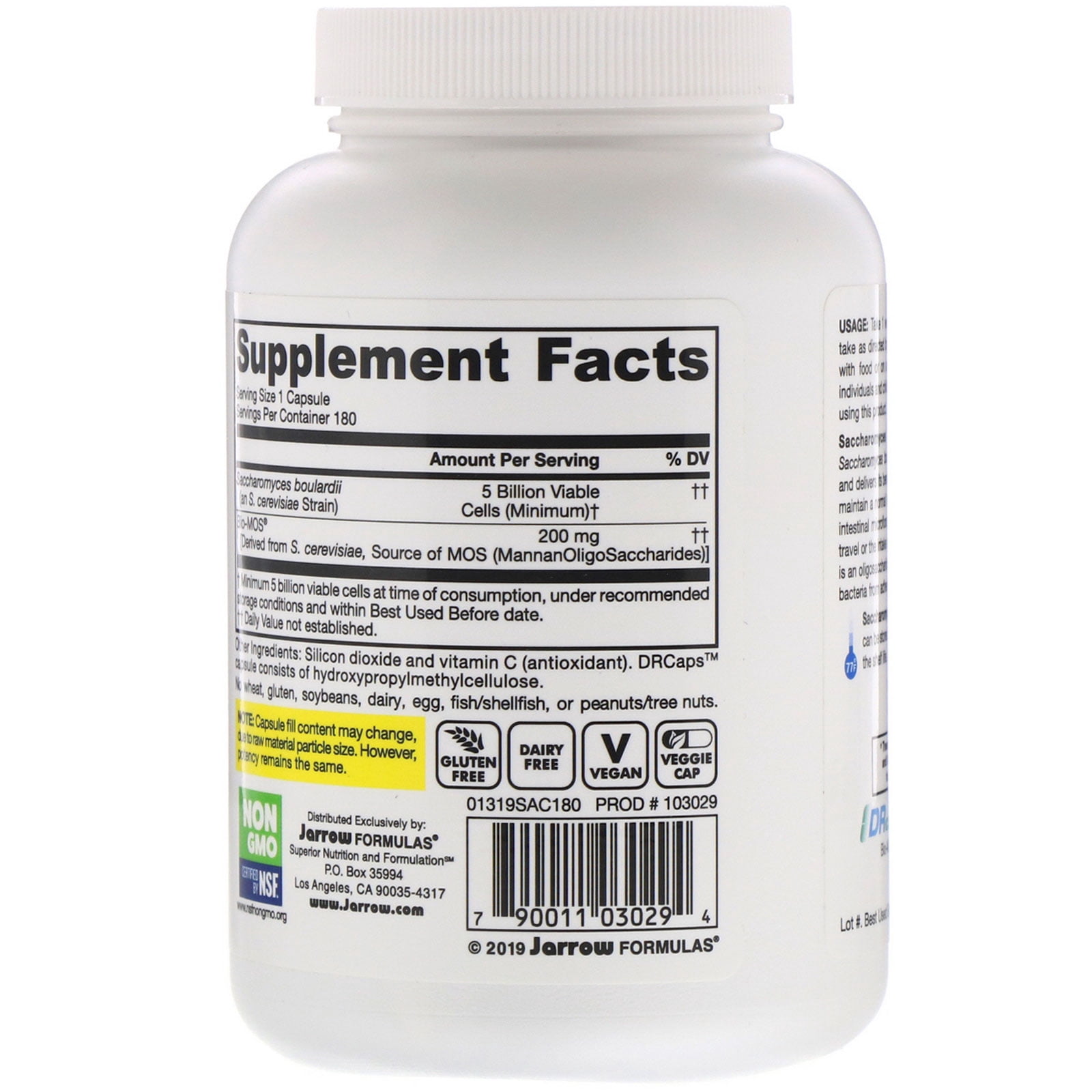 Jarrow Formulas Saccharomyces Boulardii + MOS Probiotics for Digestive Health and Intestinal Tract Support - 5 Billion CFU Per Serving - 180 Delayed Release Caps - Probiotic + Prebiotic - 180 Servings