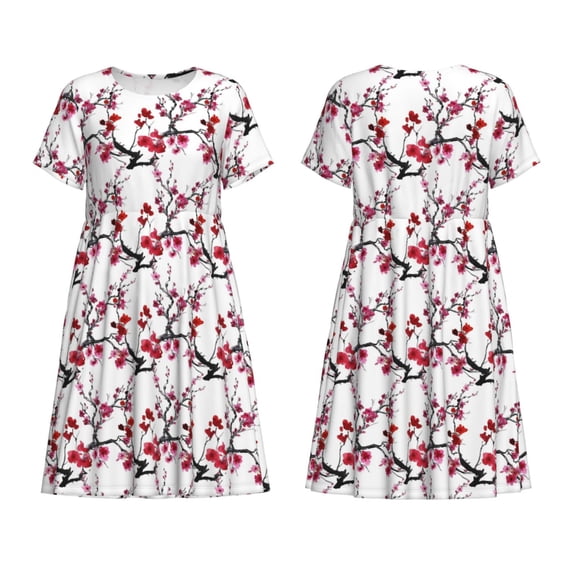 Horeoi Cherry Blossoms Print Women's Short Sleeve Dress Breathable Polyester-Spandex All-Over Print A-Line Side Pockets Elastic Waist
