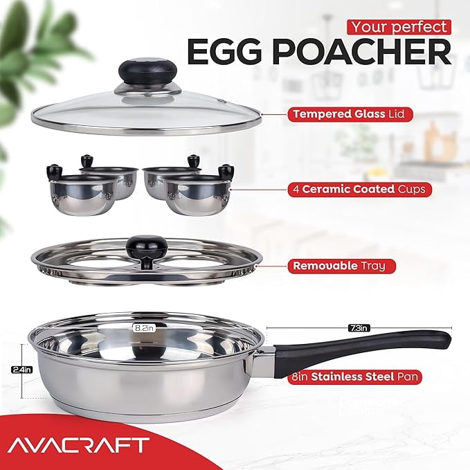 AVACRAFT Egg Poacher, Stainless Steel Egg Poaching Pan, Poached Eggs Cooker