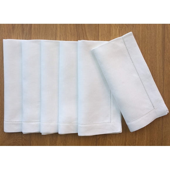 Servilletas de cena con costura de dobladillo de lino blanco, juego de 6 servilletas de tela de lino 100% con vainica de escalera de 20.0 x 20.0 in.