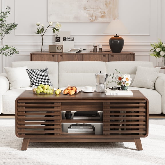 Lift Top Coffee Table with Slatted Storage Doors, 47.2 in Walnut Finish Wooden Cocktail Table with Hidden Compartment & Open Shelves for Living Room