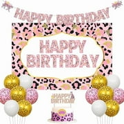 Cheetah Print Birthday Decorations for Girl Leopard Happy Birthday Backdrop Banner Cake Topper Leopard Print Balloons for Safari Jungle Animal Cheetah Supplies
