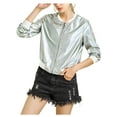 thumbnail image 6 of MODA NOVA Juniors Halloween Costume Casual Stand Collar Metallic Zip Crop Length Bomber Jacket Light Silver XL, 6 of 7