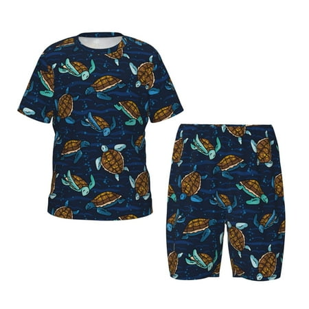 Luyuia Sea Turtles Swimming Print Girls  2-Piece Tie-Dye Pajama Set  Cute Summer Loungewear with Shirt and Tank Shorts Nightwear-4X-Large