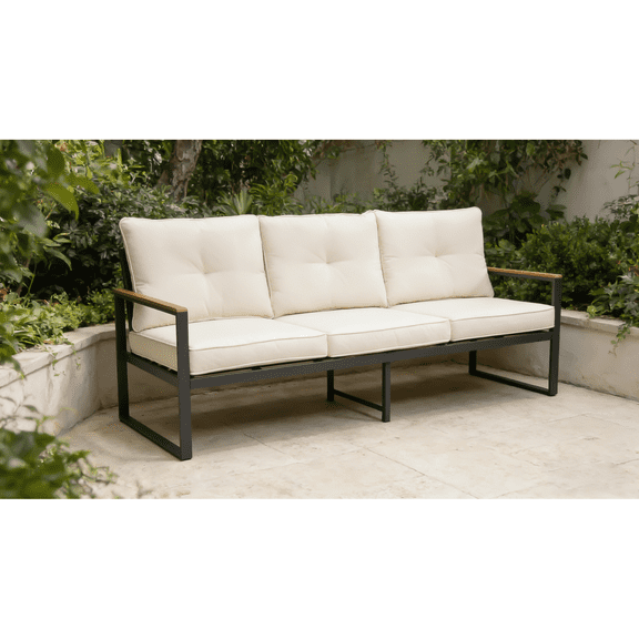 Leumius Outdoor Patio Sofa,Metal 3-Seat Couch with Thick Cushions,Patio Conversation Sofa Couch for Deck Garden Poolside,Beige