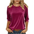 thumbnail image 2 of 3/4 Sleeve Velvet Tops for Women Dressy Casual Crew Neck T-Shirts Solid Color Ribbed Blouses Plus Size (L, Hot Pink), 2 of 6