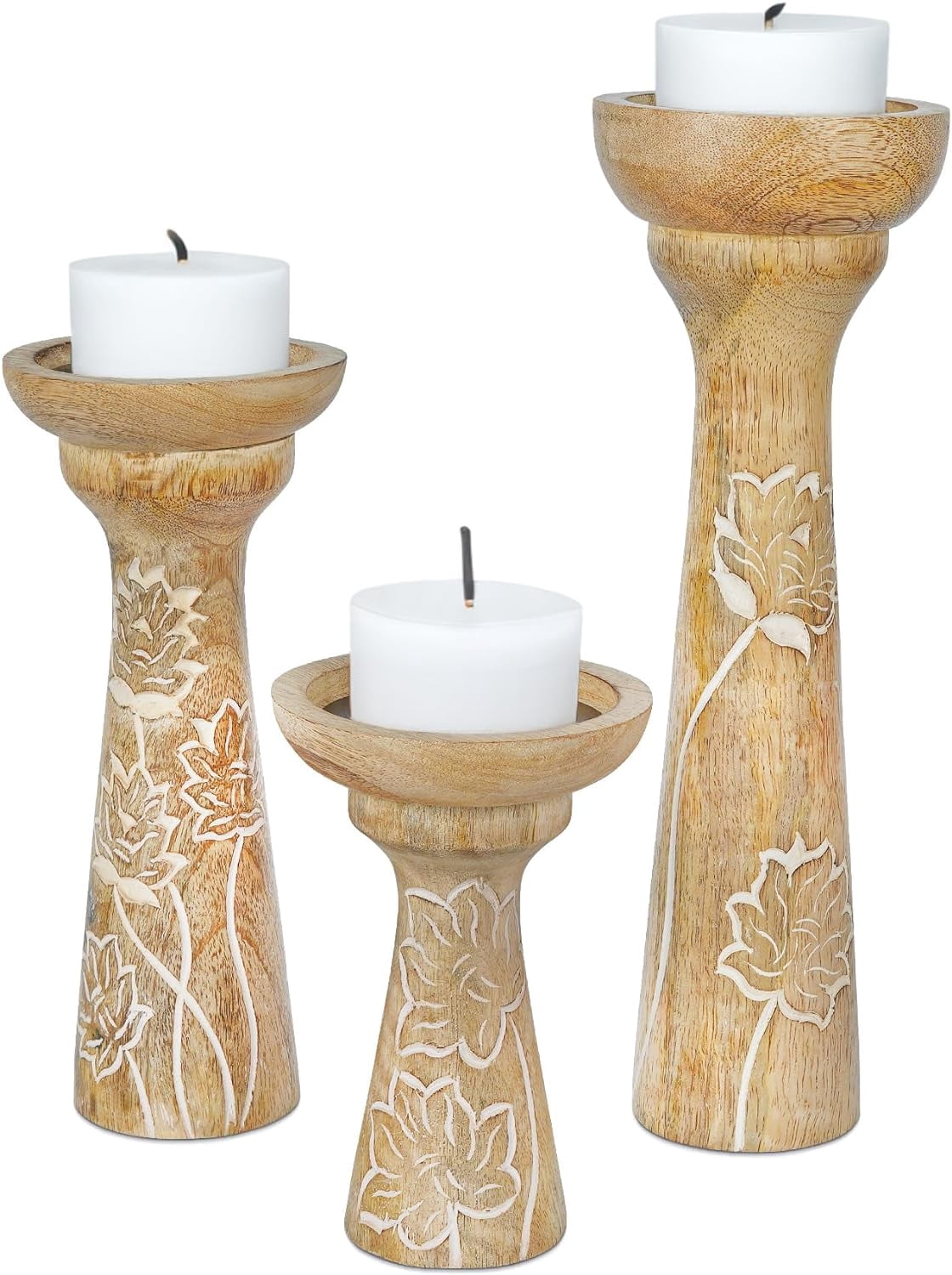 Mela Artisans Lotus Vine Candle Holders for Pillar Candles Set of 3, Mango Wood Candle Holder Set, Whitewash, 6" x 9" x 12"