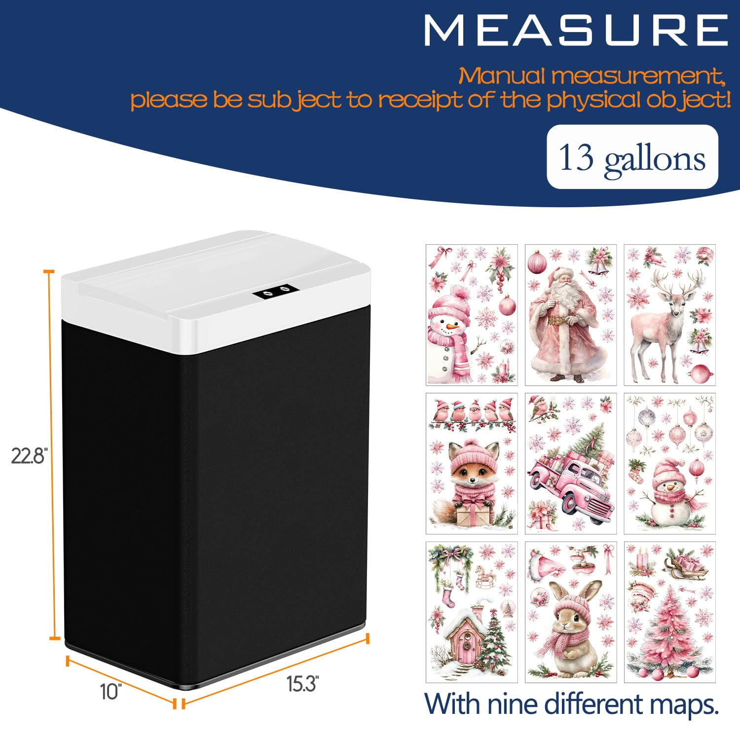 13 Gallon Trash Can Kitchen Trash Can with Lid High Capacity Garbage Can Stainless Steel Trash Can Automatic Trash Can Motion Sensor Trash Bin for Kitchen Bedroom Office, Black