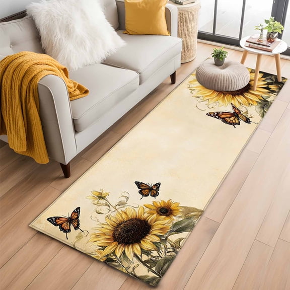 Sunflower Runner Rug 2x6 FT,Non Slip Hallway Rugs,Retro Butterfly Spring Floral Botanical Washable Soft Floor Carpet Throw Runner Carpet Long Rugs for Entryway Kitchen Bedside Sliding Door