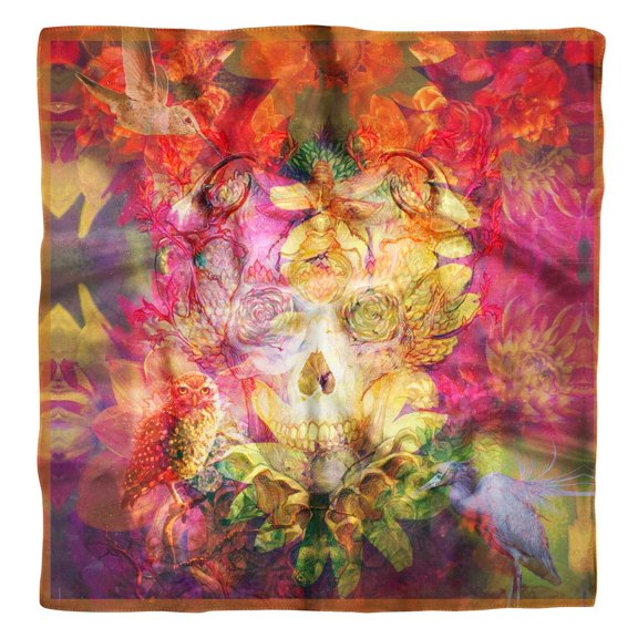 Phagun Pink Floral & Skull Print Pure Silk Square Scarf Neck Wrap Summer Hair Bandanas For Women