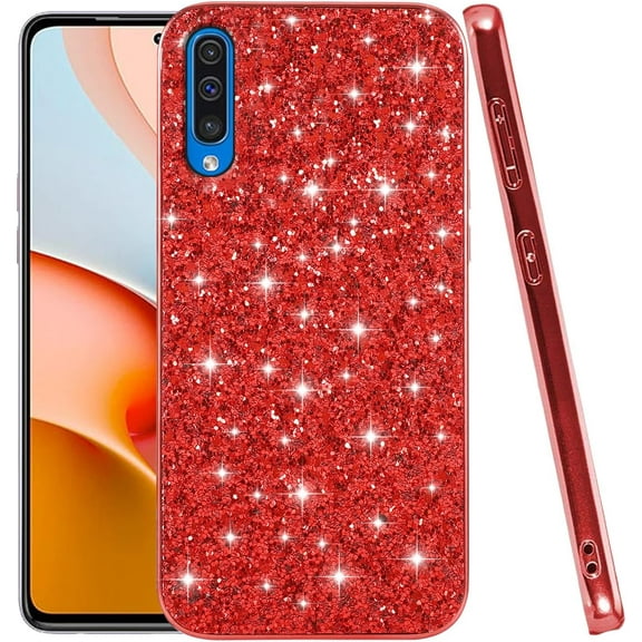 Compatible with Samsung Galaxy A50 Case, Glitter Sparkly Samsung Galaxy A50 Phone Case with Slim Silicone Shockproof Protective Bumper Cover for Cute Girls Women (Red)