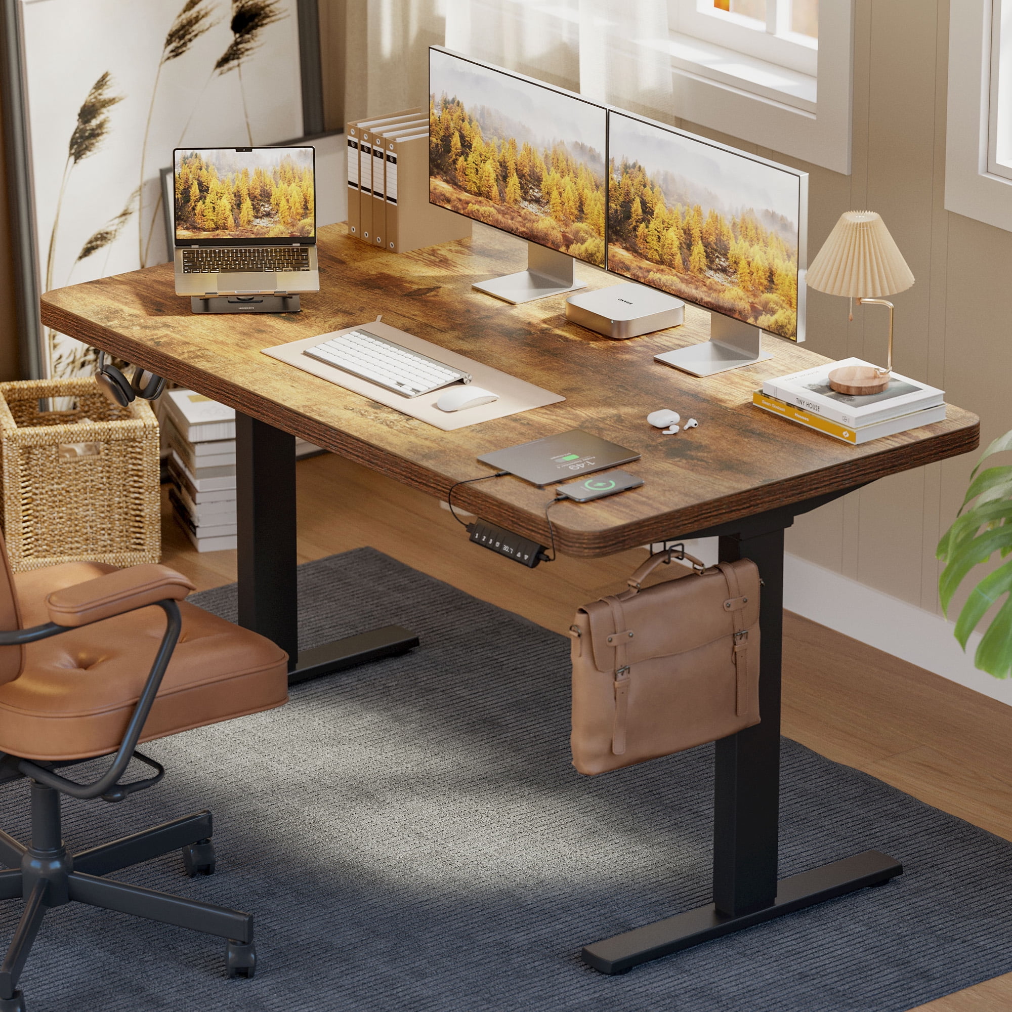 47.2 Inch Dual Motor Electric Adjustable Standing Desk, Computer Desk with Memory Controller, Home Office Desk with Seamless tabletop,265 lbs Weight Capacity,Rustic Brown (Two packages)