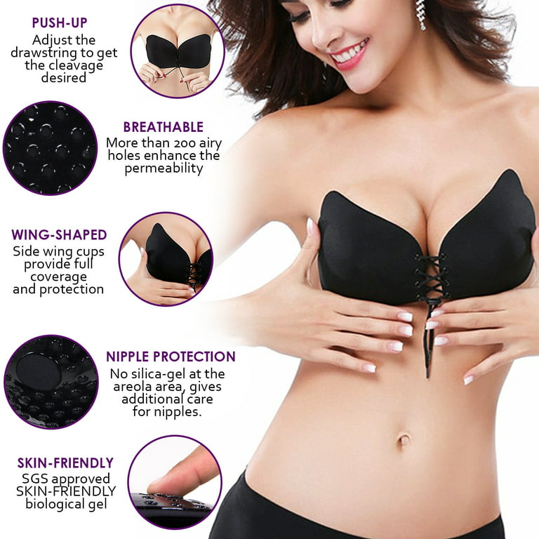 Sticky Bra, 1/2 Pack Lift Up Boob Breathable Strapless Bra Adhesive Push Up  Backless Bras for Women 