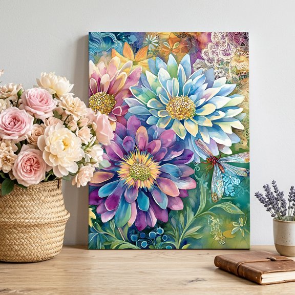 Spring Florals Canvas Wall Art, Bright Watercolor Pink Blue Purple Floral Leaf Dragonfly Pictures Wall Decor Wooden Framed Artwork Art Prints for Living Room Hallway Bedroom Office 20"x24"