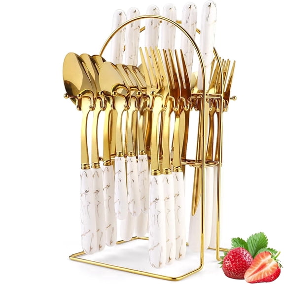 24 Pieces Flatware Set, Stainless Steel Cutlery Set with Silverware Holder, Modern Gold Silverware Set Includes Dinner Knives Forks Spoons,Hanging Silverware Set Service for 6, White