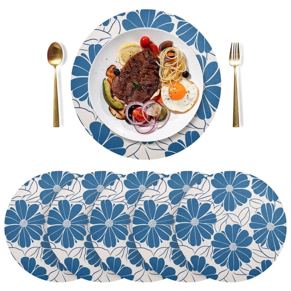 Flowers Floral Black Round Placemats Plate Mats 15 Inch Non-Slip Heat Resistant Washable PVC Set Indoor for Kitchen Dining Table 1PC