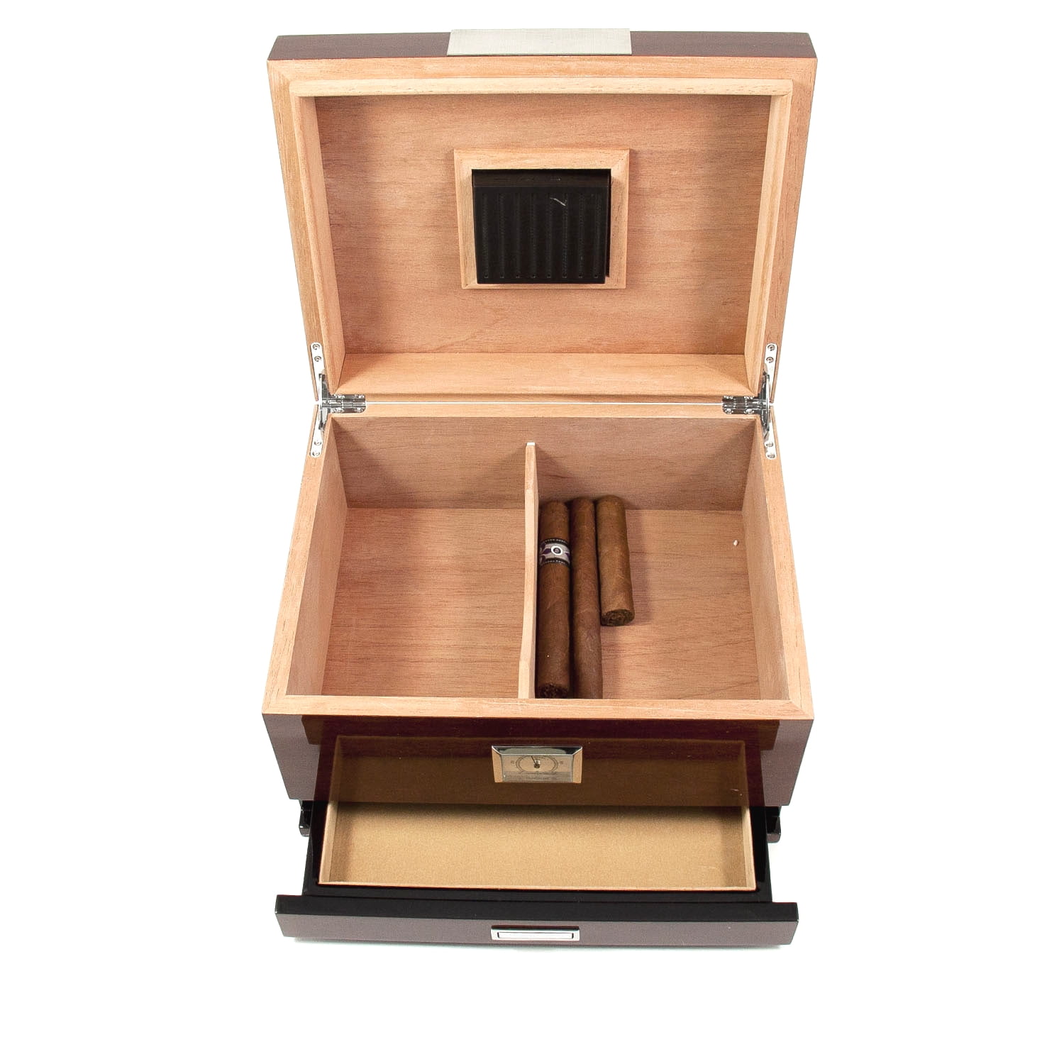 Lacquered "Walnut" Wood 60 Cigar Humidor with Spanish Cedar Lining and Accessory Drawer. Includes Humidistat and External Hygrometer.