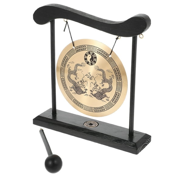 OUNONA Zen Desktop Gong with Dragon Design for Home Office Decor Golden Wood Copper 7 inch