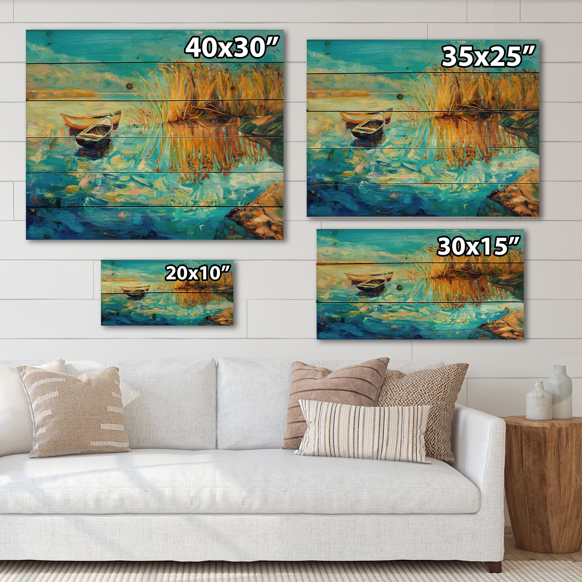 Designart 'Orange Trees With Turquoise Lake During Sunset' Nautical & Coastal Print on Natural Pine Wood