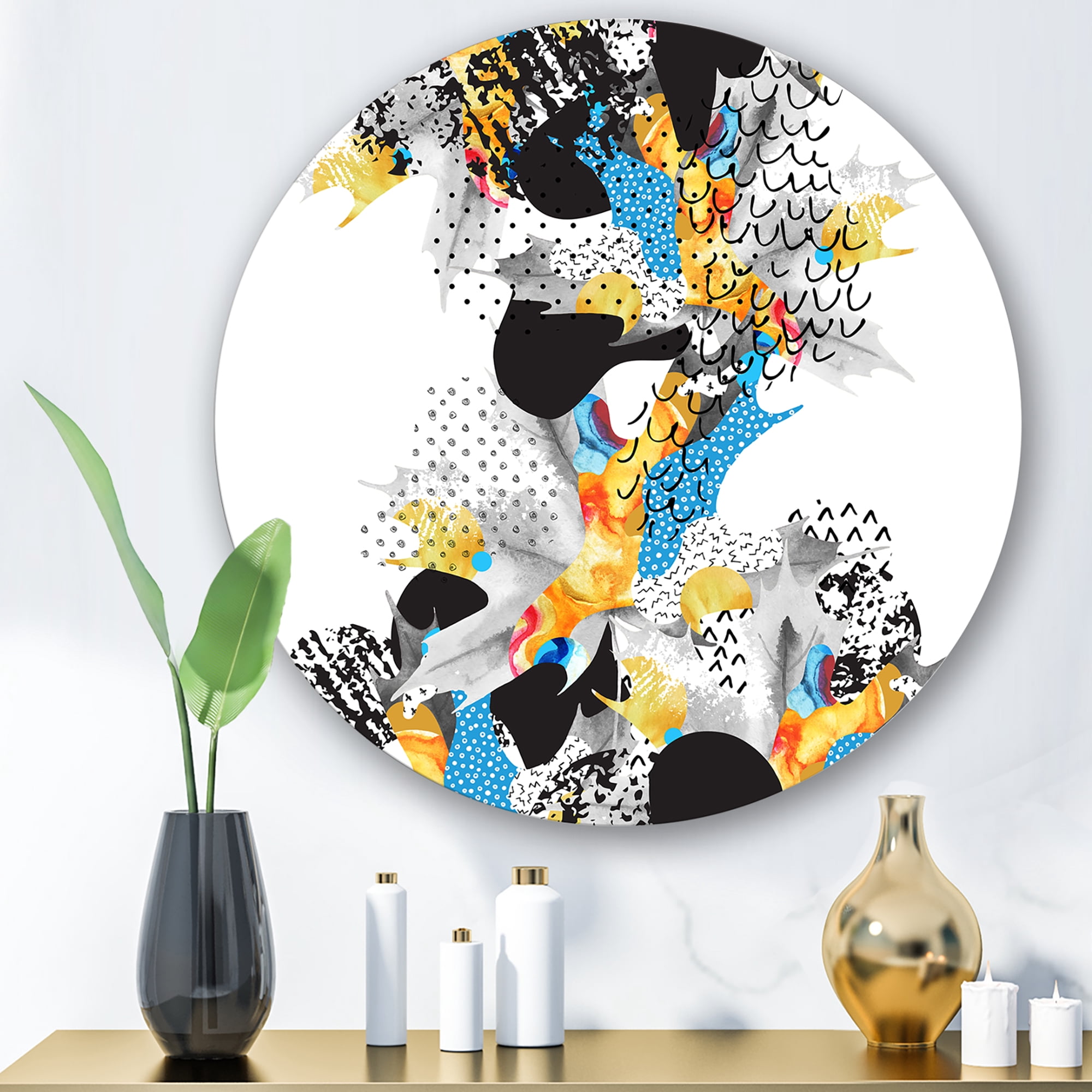 Designart 'Fluid Shapes In Bauhaus Memphis Style Minimal' Modern Circle Metal Wall Art 11x11 - Disc of 11