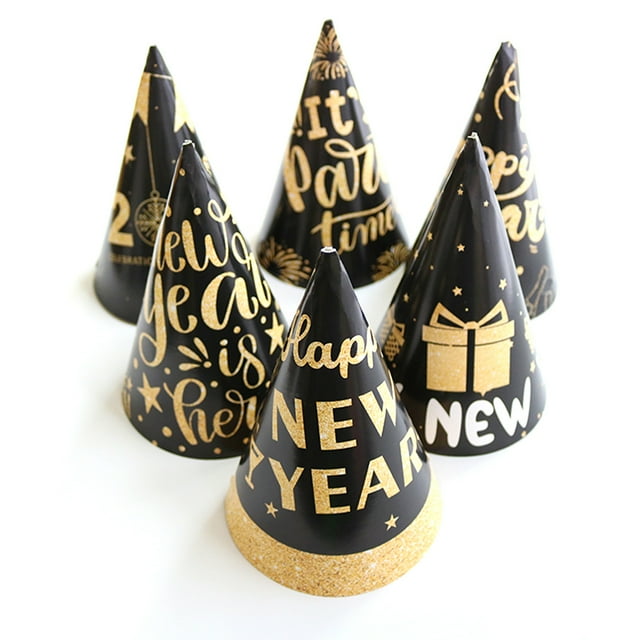 12 piezas de sombreros de cono con Feliz Año Nuevo para decoraciones de fiesta de niños y adultos, celebración de festivales y más, agregue 12 piezas de sombreros de fiesta con cordón elásti