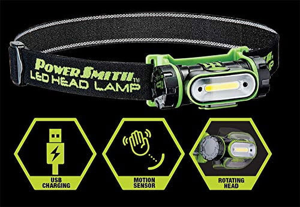 PowerSmith PHLR25FS 250 Lumen Rotatable Weatherproof Impact-Resistant Rechargeable Lithium-ion Flood LED Headlamp with Motion Activated Sensor, High, Low, and Flashing Modes, and Adjustable Head Strap