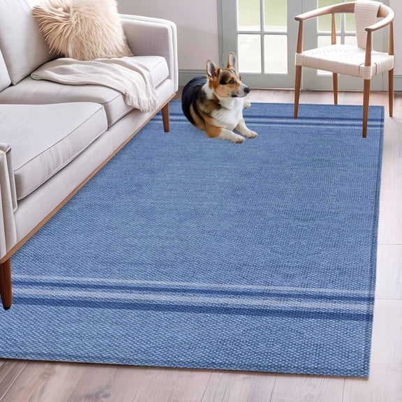 Blue Area Rug 3x5 Washable Rug Non Slip Farmhouse Vintage Abstract Linen Texture Striped Large Area Rug Indoor Floor Carpet for Entryway Bedroom Kitchen Living Room Home Office Dining Room Nursery