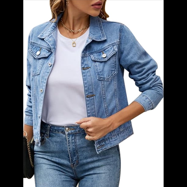 Chaquetas Vaqueras para Mujer, Básicas, de Larga, con Botones, Estilo Corto, A Azul M