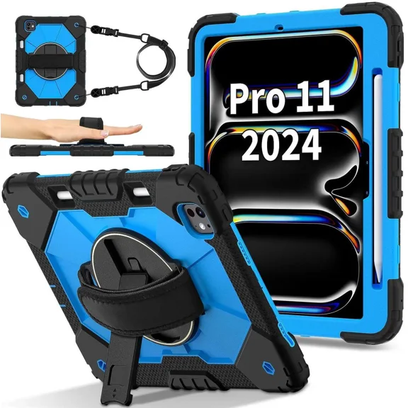 Case for iPad Pro 11 Inch (M4) 2024 Model A2836 A2837 A3006 with Rotating Stand Pencil Holder Hand/Shoulder Strap, Heavy Duty Shockproof Protective Cover