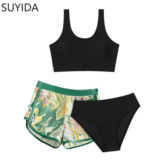 Girls Swimsuit Size 7 Cut Out Bikini Sets for Girls Drawstring Bottoms Tankini with Shorts 3 Piece Hawaiian Girls Bathing Suits Size 7-8