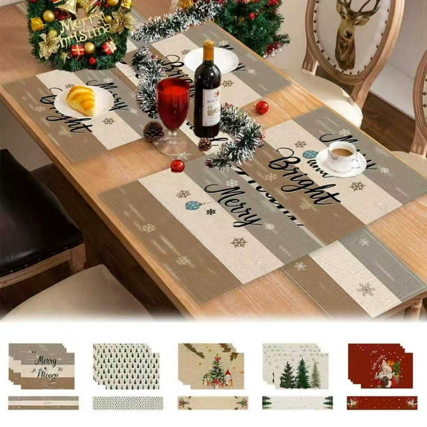 Juego de Manteles Individuales Navideños con Banderines | Decoración Navideña con Estampado de Lino | 5 Piezas | Poliéster Multicolor | 180 X 33 Cm | Papá Noel, Copos de Nieve y Árboles | Manteles Ai