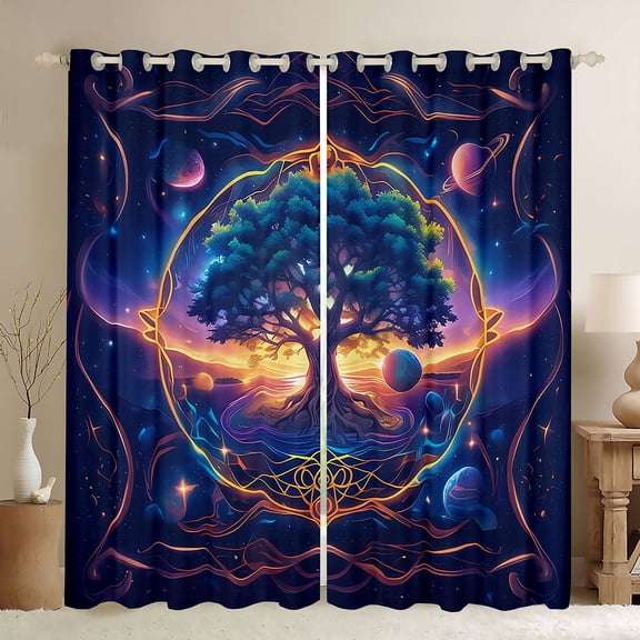 Feelyou Dreamy Life Tree Black Out Curtains, Outer Space Planet Curtains Pack of 2 (42x63 Each), Western Bohemian Theme Bedroom Curtains, Blackout Curtains Room Decor
