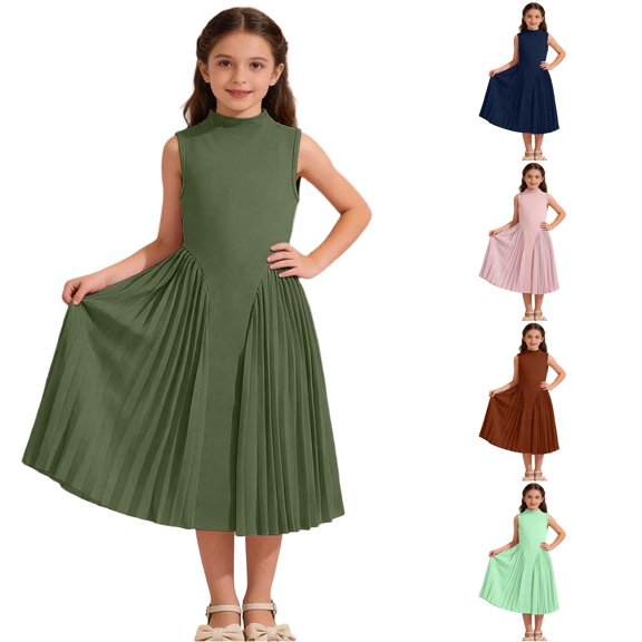 Yuhangmm Girls Summer Dress, Elegant Girls Long Dress With Pleated Skirt And Sleeveless Design For Summer Formal Occasions And Party Wear 4t Dresses for Girls Long Sleeve Army Green 7-8 Years