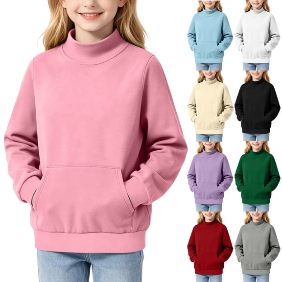 LUGOGNE Girls Sweatshirt Mock Neck Warm Pullover Sweatshirt with Pockets Solid Long Sleeve Cozy Fall Winter Casual Pullover Tops Pink,130