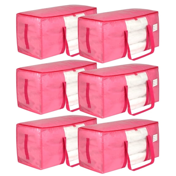 TIJITY 6 Pack Extra Large Heavy Duty Moving Bags with Clear Window, Storage Bag with Full Wrap Carrying Handles & Zippers, Alternative to Moving Boxes, Pink