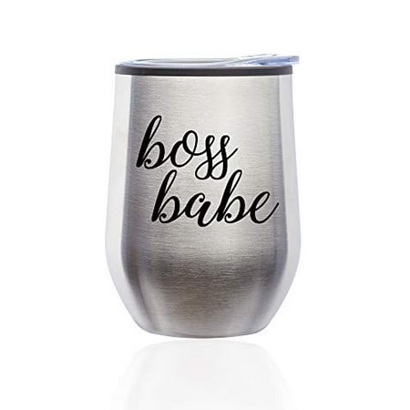 

Stemless Wine Tumbler Coffee Travel Mug Glass with Lid Boss Babe (Silver)