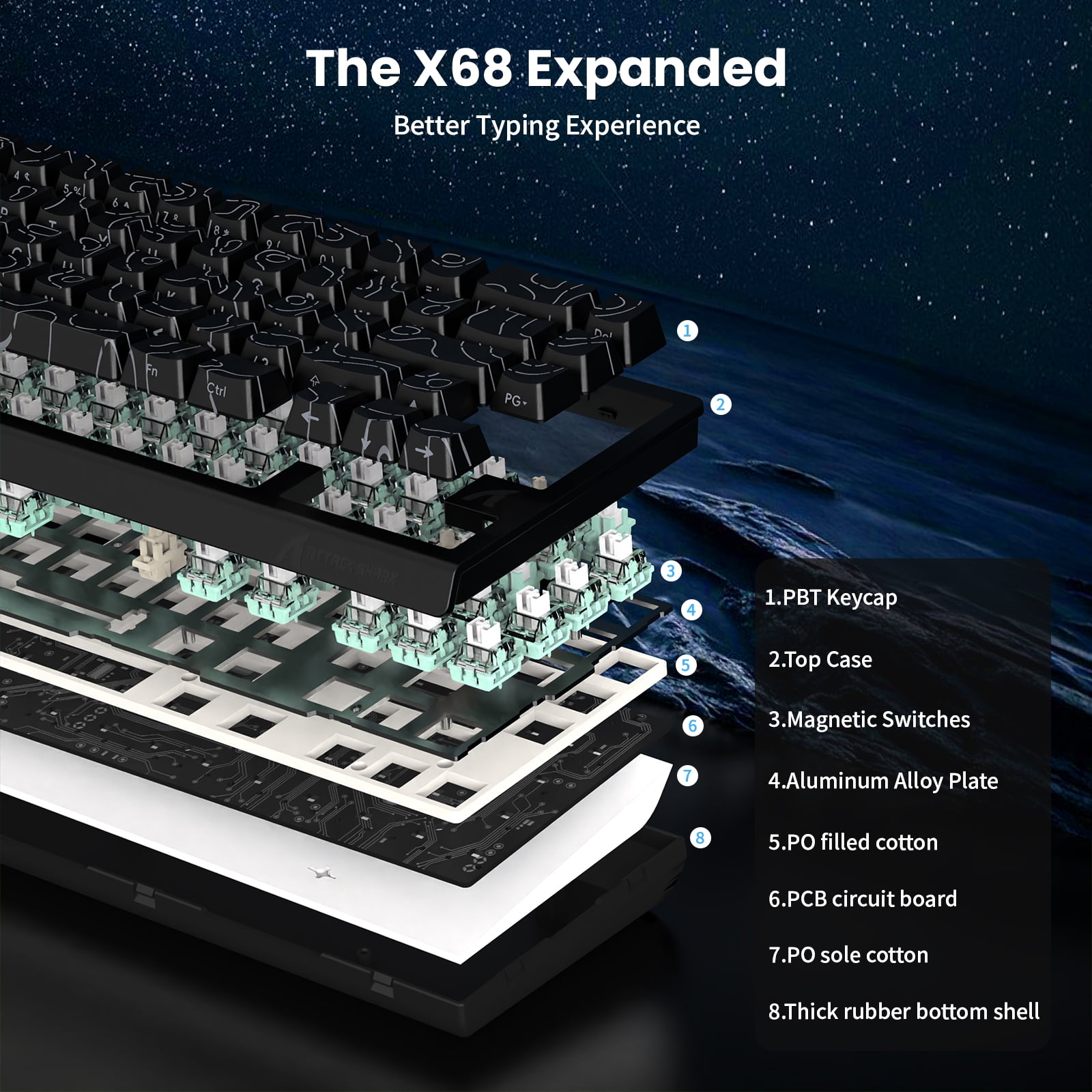 ATTACK SHARK X68 HE Rapid Trigger Keyboard Magnetic Switch 60% Wired 8KHz Magnetic Keyboard With 0.01mm RT Accuracy, Support RT/Snap Tap/DKS/MT/TGL