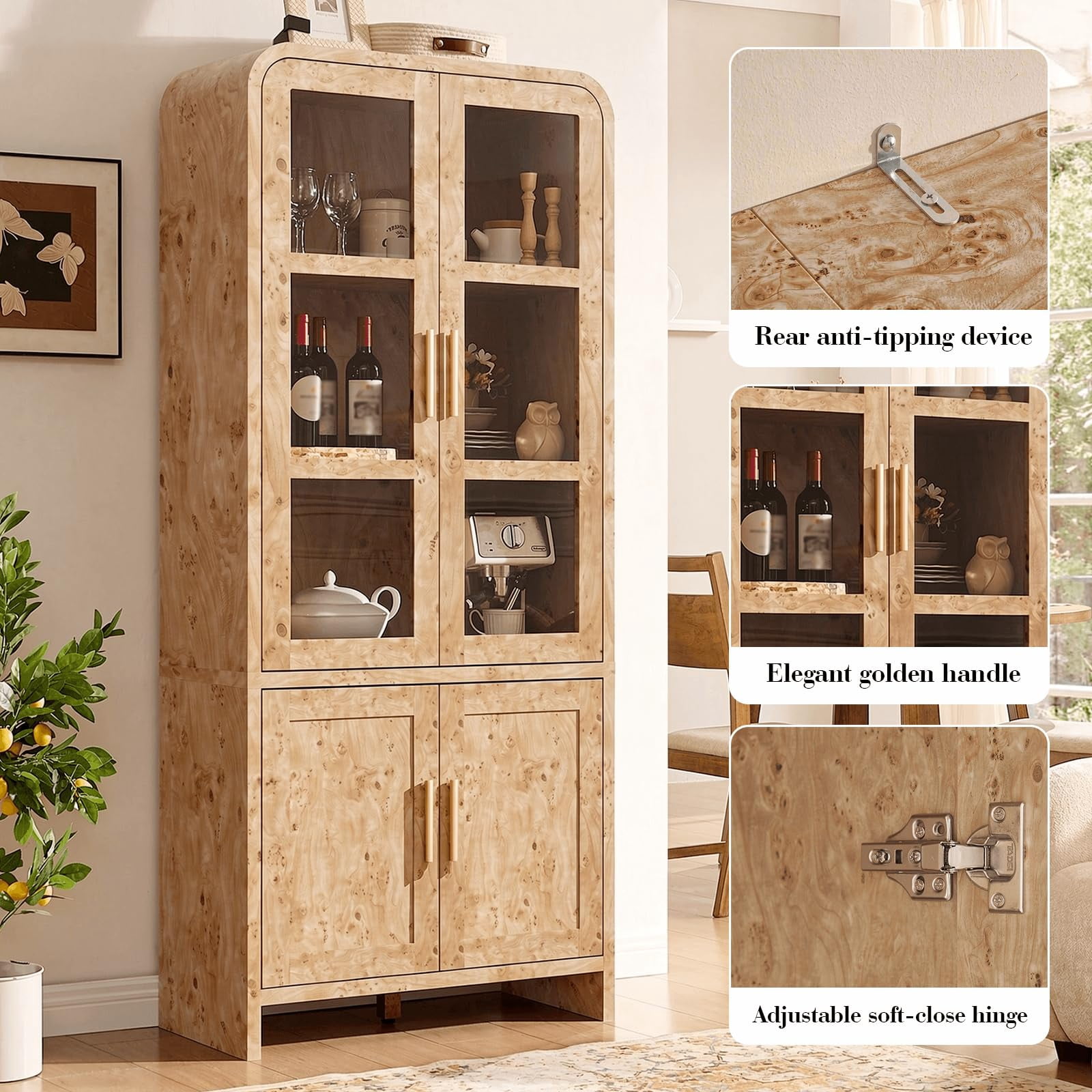 Vintagearth  77" Tall Kitchen Pantry Cabinet, 1.18'' Thick Panel Curved Storage Cupboard with Adjustable Shelf, Freestanding Organizer for Kitchen, Dining Room, Light Burl