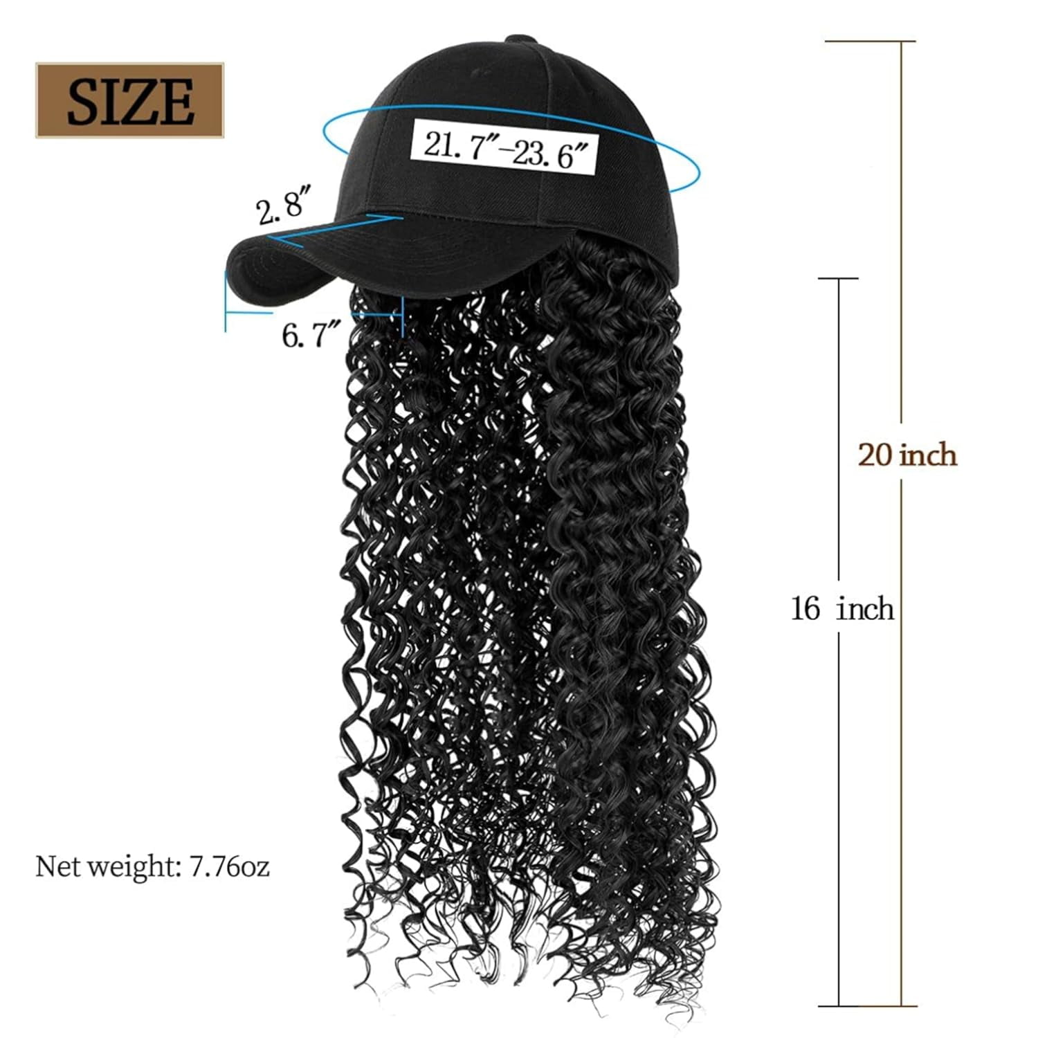 YEKEYI Headband Wig Human Hair Wigs Baseball cap Wig Curly Deep Wave Headband Wig Hat Wigs (Black hat Long Lbrown wig)
