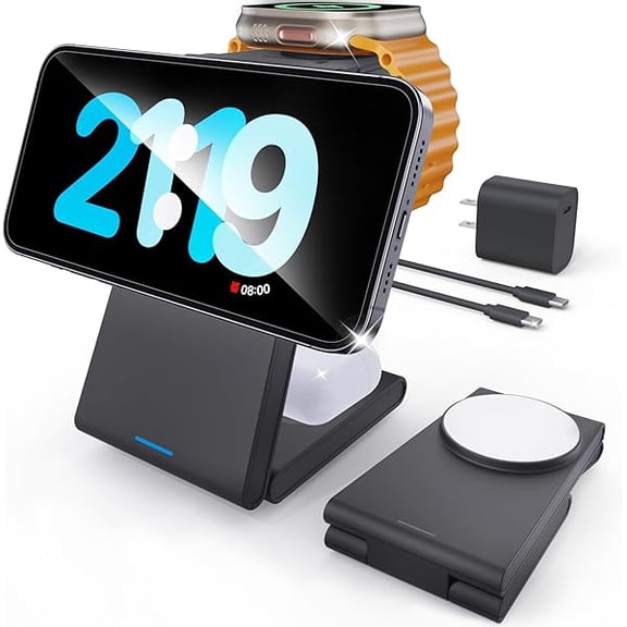 FU1999Foldable 3 in 1 Charging Station for Multiple Devices, Travel Wireless Charger for MagSafe Charger Stand, Magnetic Charging Stand for iPhone 16/15/14/13/12 for iWatch AirPods Black