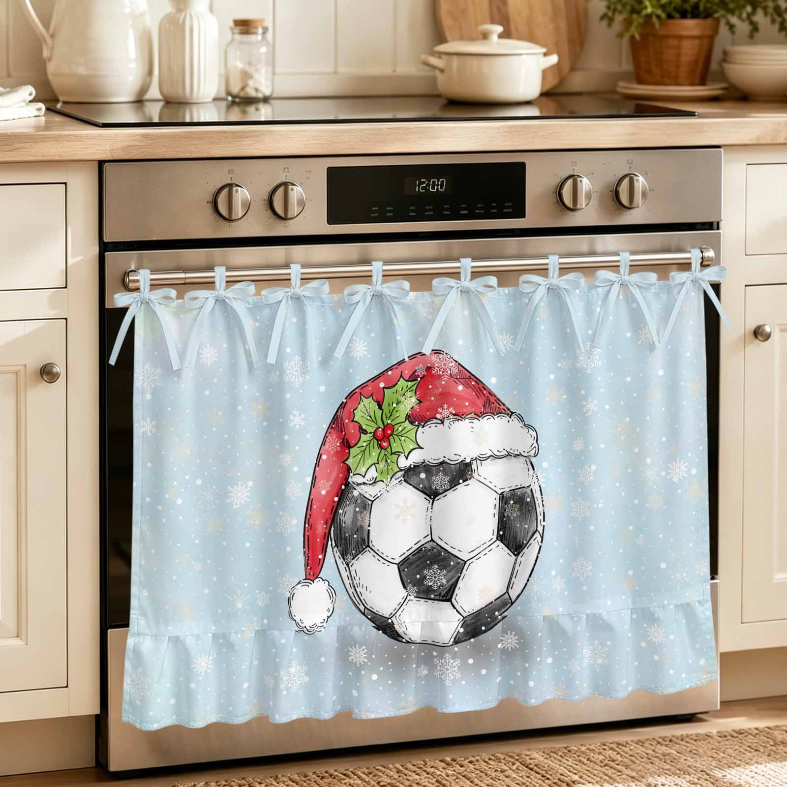 Oven Curtain for Kitchen Christmas Football Santa Hat Winter Snowflakes Stove Curtain With Ruffled Trim Dishwasher Curtains Blue Gradient Oven Skirt 27 x20