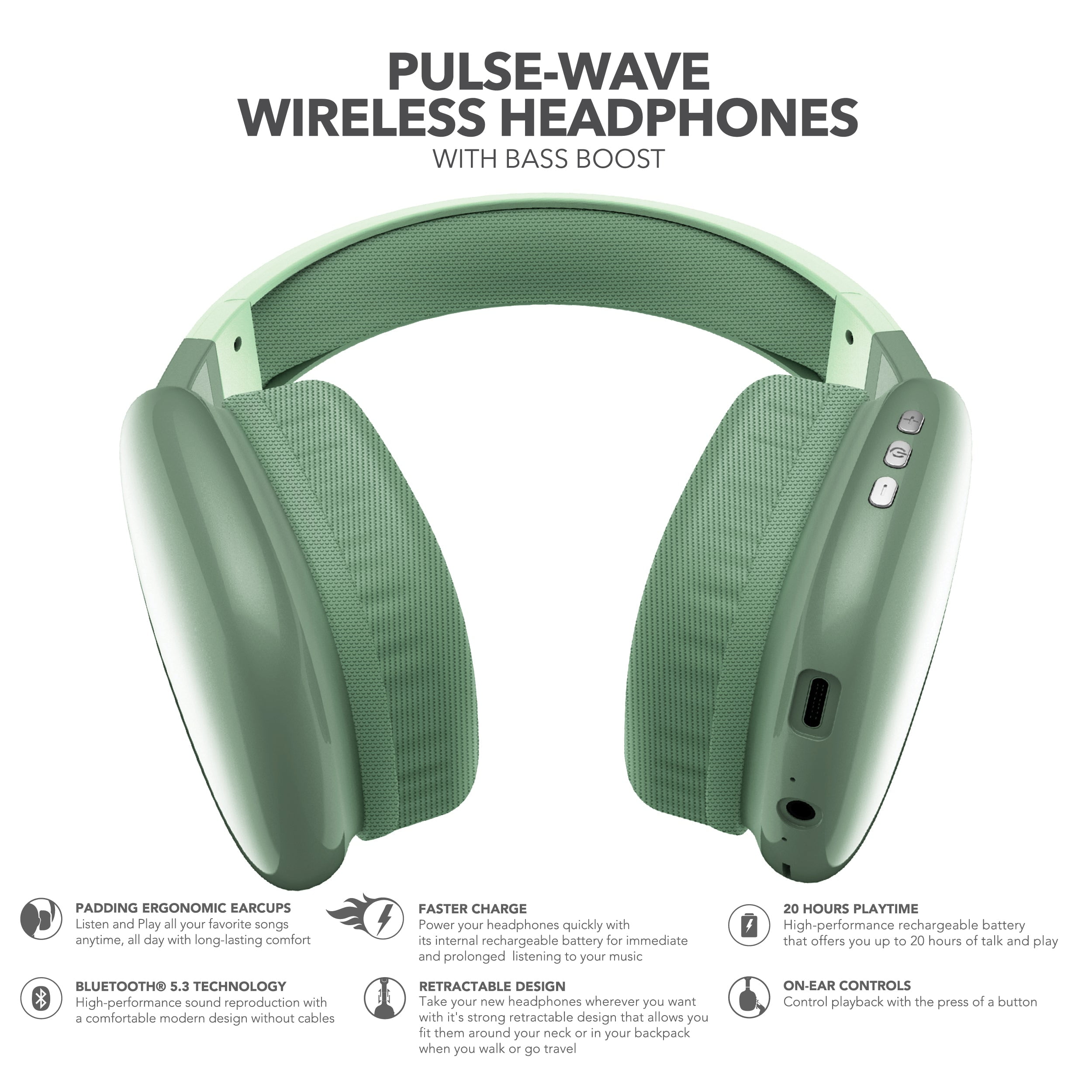 RCA Wave-56 Bluetooth Headphones, 40H Playtime, Hi-Res Audio, Green
