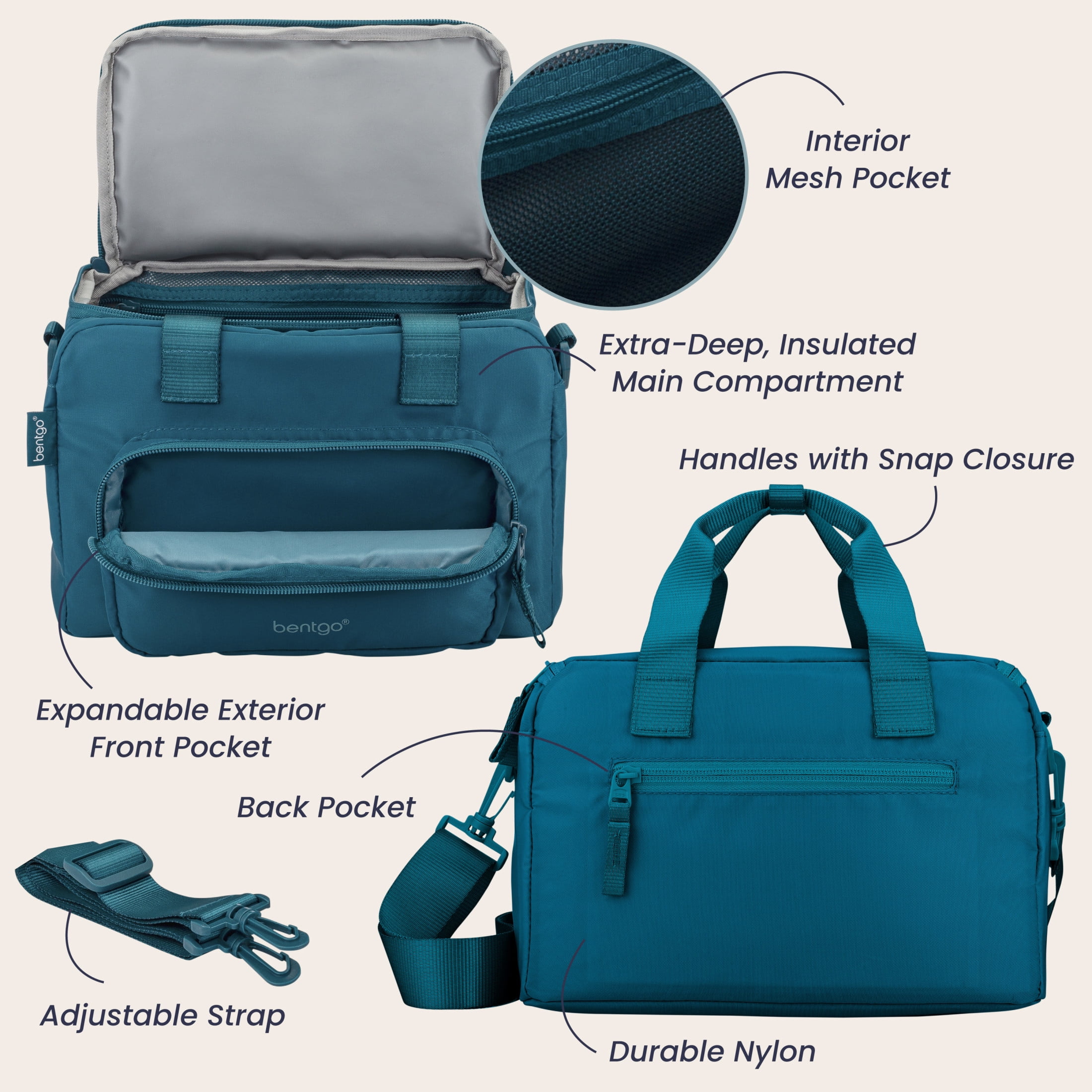 Bentgo Insulated Lunch Bag – Extra-Large Capacity Adult Lunch Bag with Shoulder Strap and External Storage Compartment, Durable, Lightweight, Ideal for Work, School, & Meals On the Go (Deep Teal)