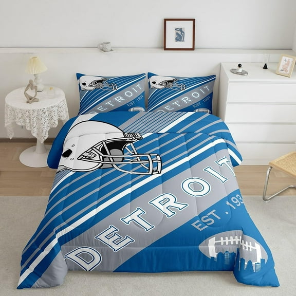 Sports Football Bedding Comforter Sets White and Sky Blue Rugby Helmet Bedding Full, American Football City Themed Comforter Set Retro 3D Ball Game Quilt with 2 Pillowcases(Detroit)
