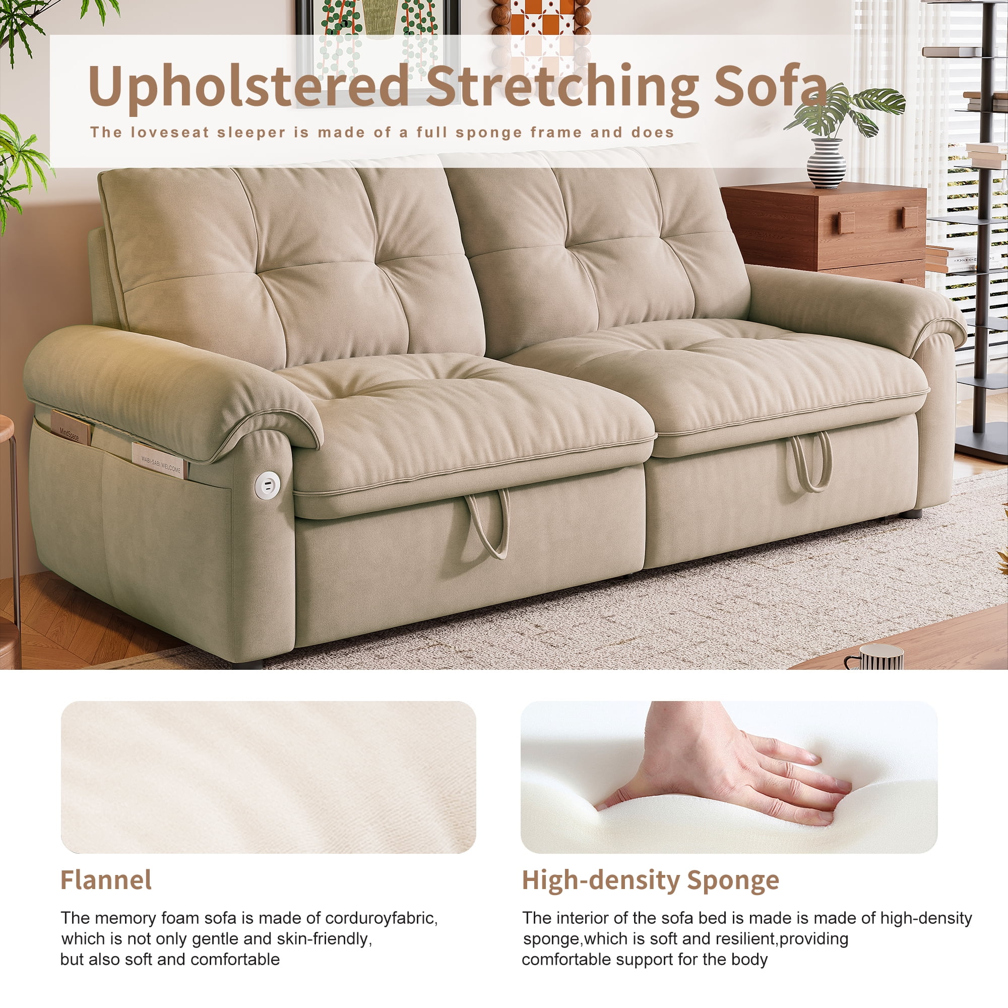 Kosynda 77"W Pull Out Couch with USB, 3 in 1 Convertible Sofa Bed with Storage Pockets, Folding Loveseat Sleeper Sofa for Living Room, Bedroom, Office, Small Space, Light Brown