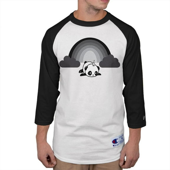 Panda Pandicorn Emo Sad Rainbow Mens Long Sleeve Raglan T Shirt White-Black X-LG
