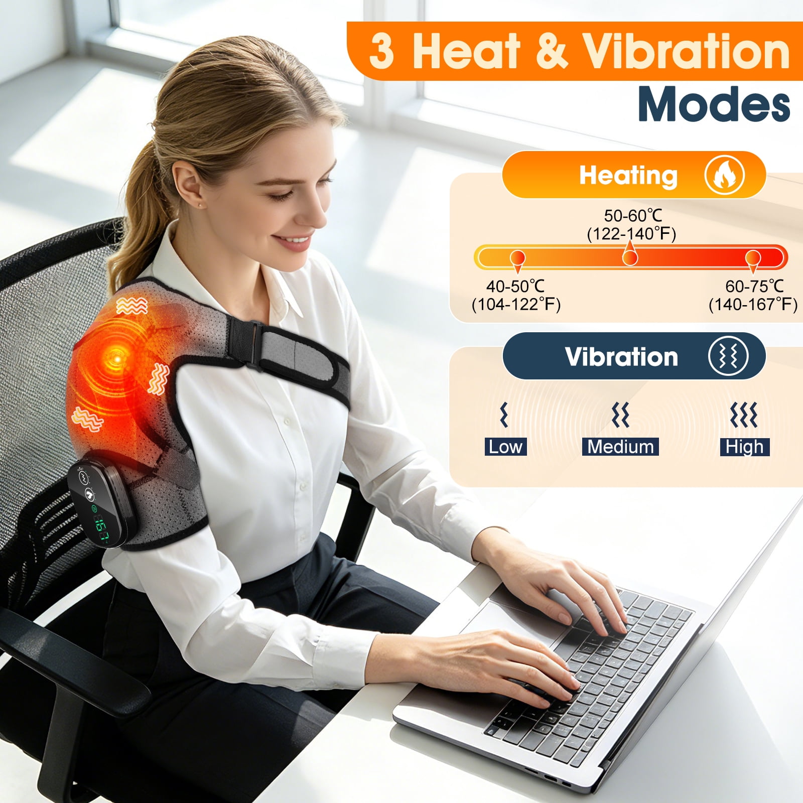 Heated Shoulder Brace Wrap, Electric Shoulder Heating Pad with Massage, Cordless Heated Shoulder Massager with 3 Heat & Vibration for Men Women,Gray