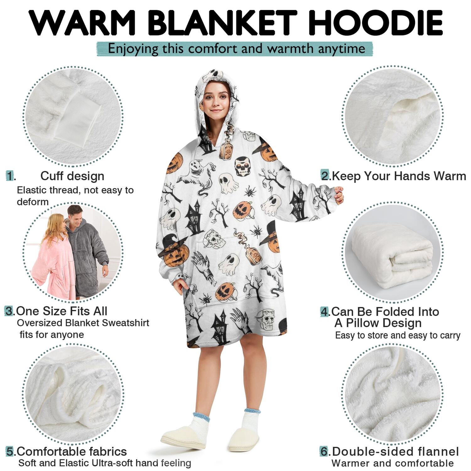 Wearable Oversized Blanket,Vintage Halloween Pattern Wearable Blanket Hoodie for Adults,Cozy Hooded Blankets with Super Pockets,Super Warm Fuzzy Pullover for Women & Men